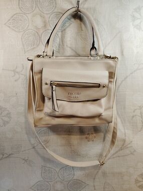 Nicole Miller Cream Leather Crossbody Satchel